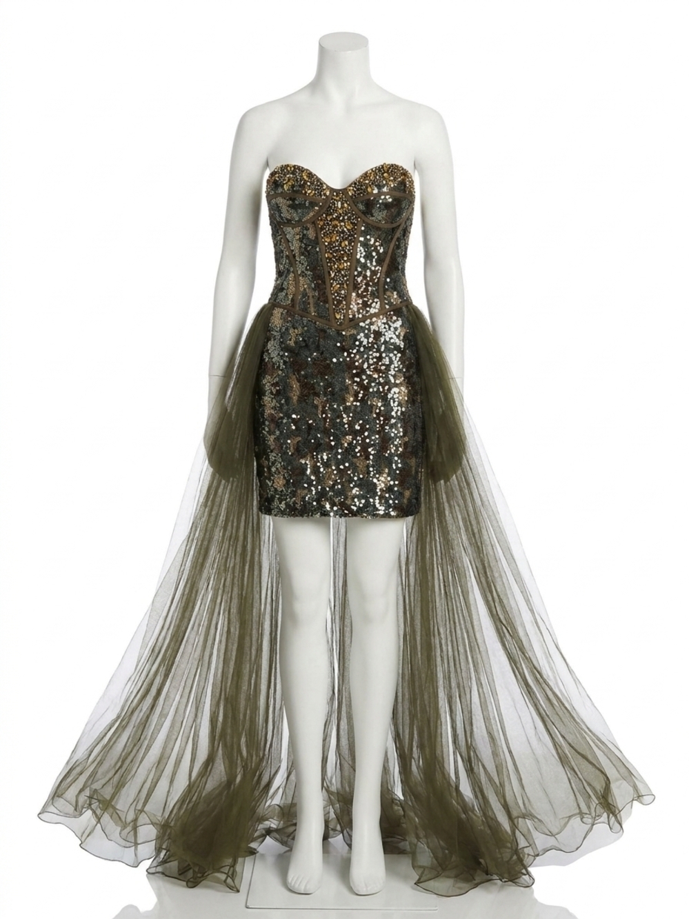 NEW MAC DUGGAL tulle sequin cocktail dress in camo